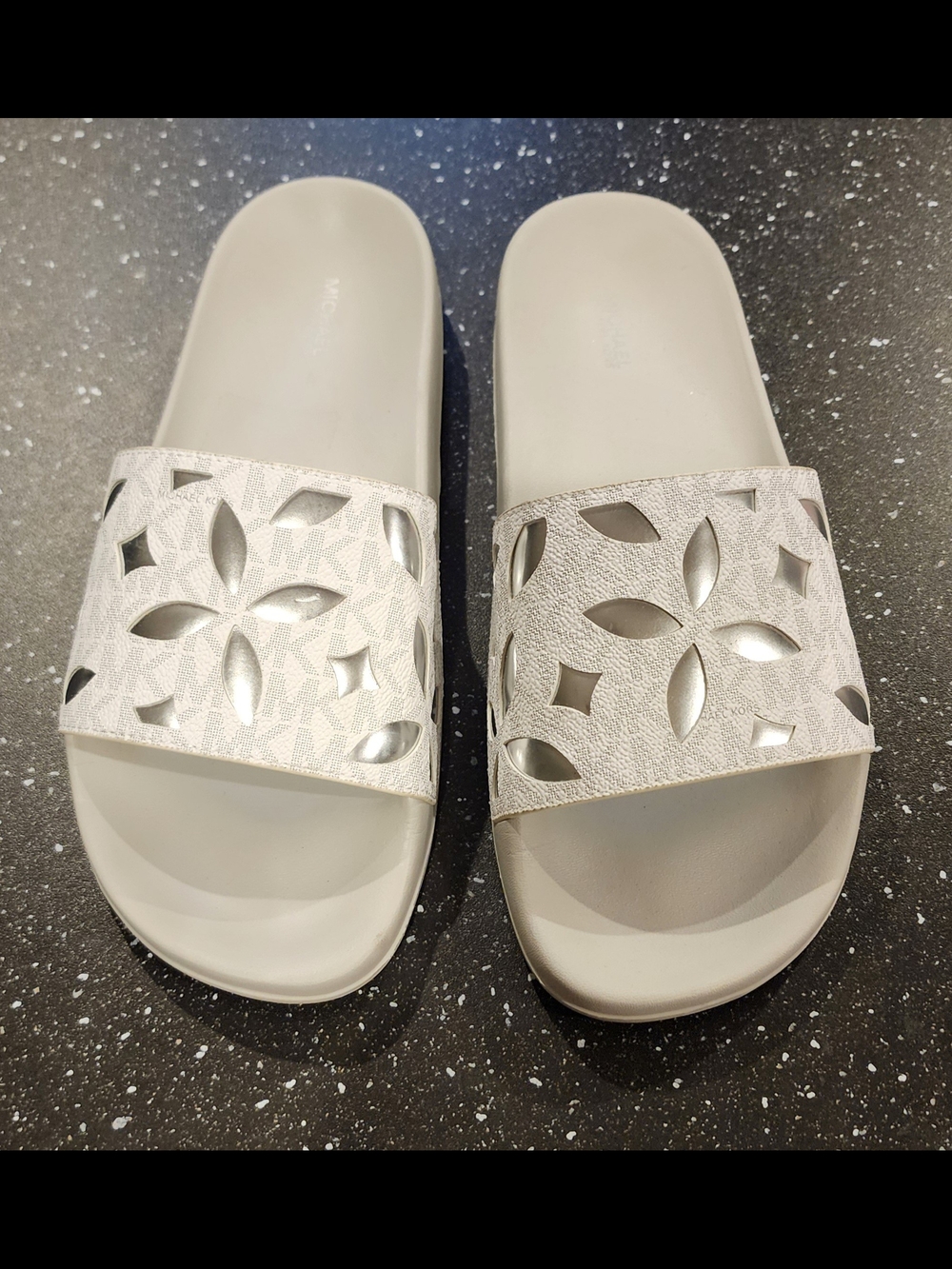 Michael Kors White Slide Sandals with Cutout Floral Strap